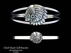 Indian Chief Head Cuff Bracelet Sterling Silver