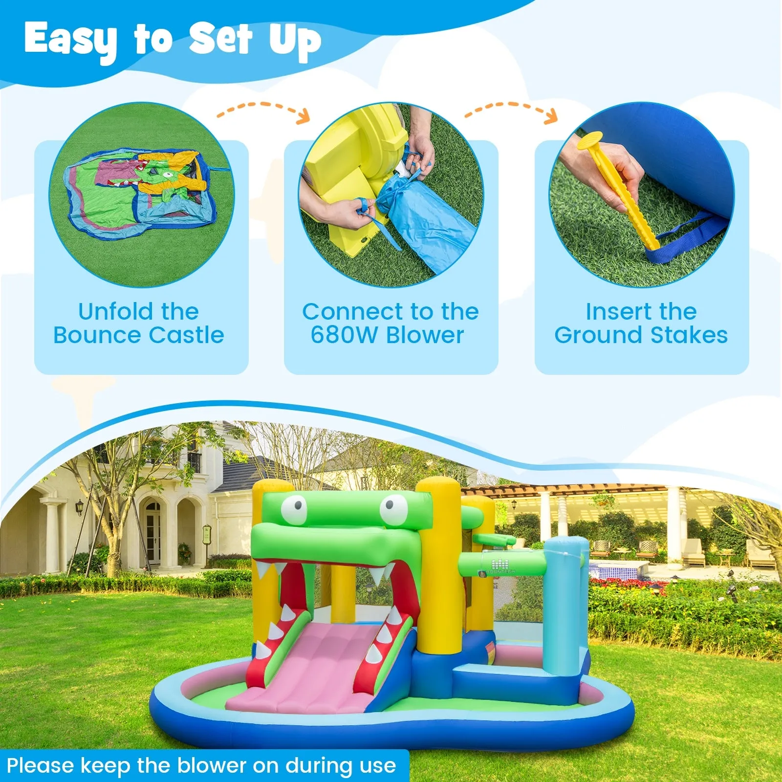Inflatable Bounce House with Slide and Splash Pooland and 680W Blower