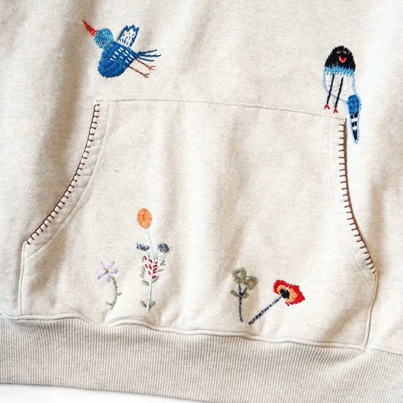 Japanese casual floral bird-embroidered cotton baggy sweatshirt