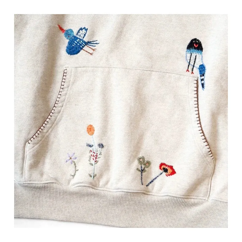 Japanese casual floral bird-embroidered cotton baggy sweatshirt