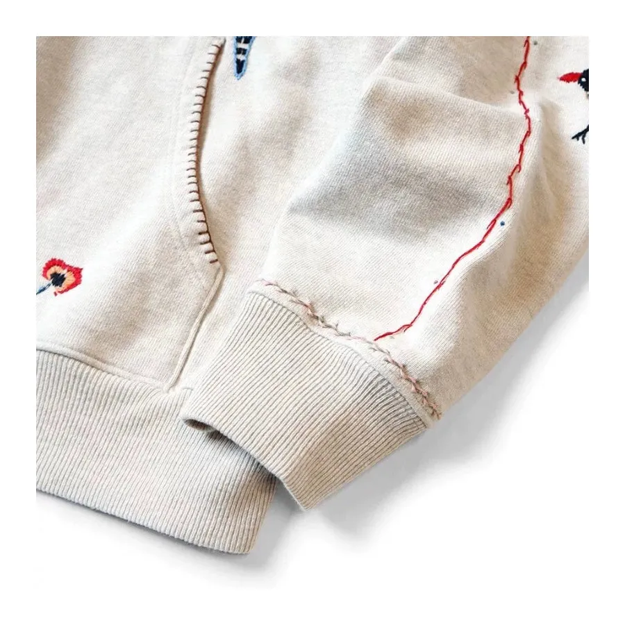 Japanese casual floral bird-embroidered cotton baggy sweatshirt