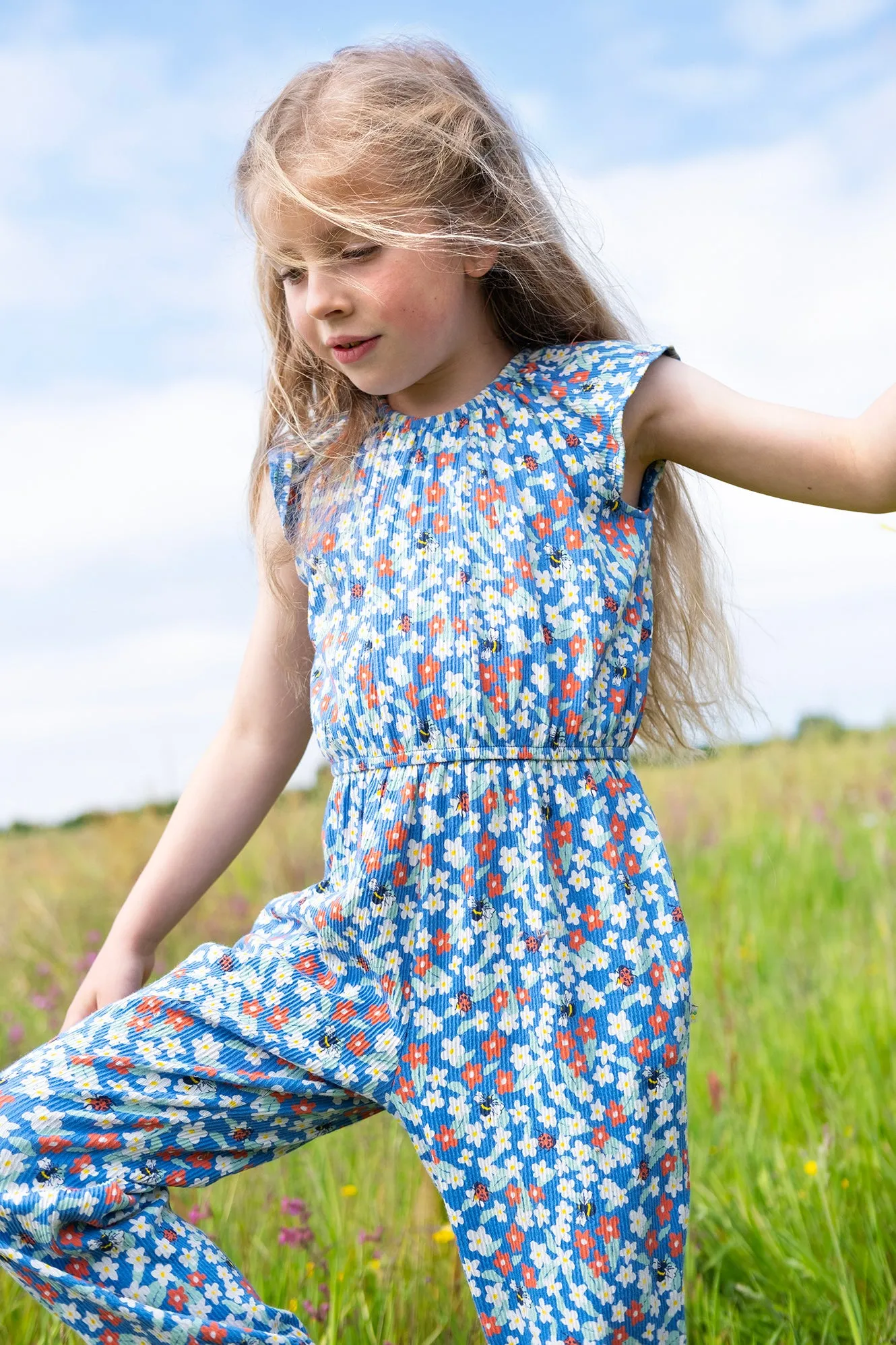 Jolee Jumpsuit Blue with Flowers and Bees Frugi Organic Clothing - Kid's Summer Clothing