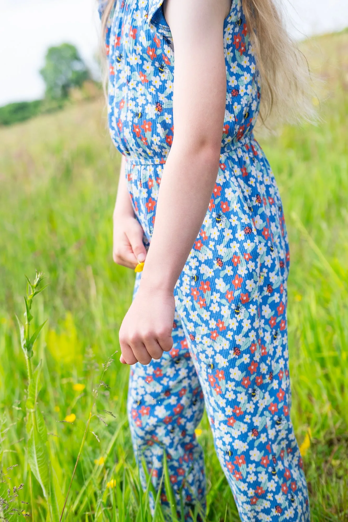 Jolee Jumpsuit Blue with Flowers and Bees Frugi Organic Clothing - Kid's Summer Clothing