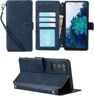 JWS-C Samsung Galaxy S20 FE Wallet Cover with Card Holder Wrist Strap Lanyard PU Leather Case for Women and Men-Samsung Galaxy S20 FE Flip Cell Phone case-Blue