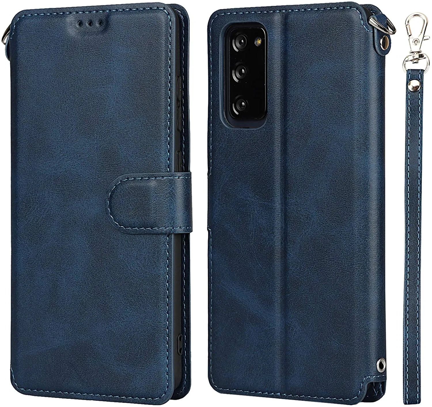 JWS-C Samsung Galaxy S20 FE Wallet Cover with Card Holder Wrist Strap Lanyard PU Leather Case for Women and Men-Samsung Galaxy S20 FE Flip Cell Phone case-Blue