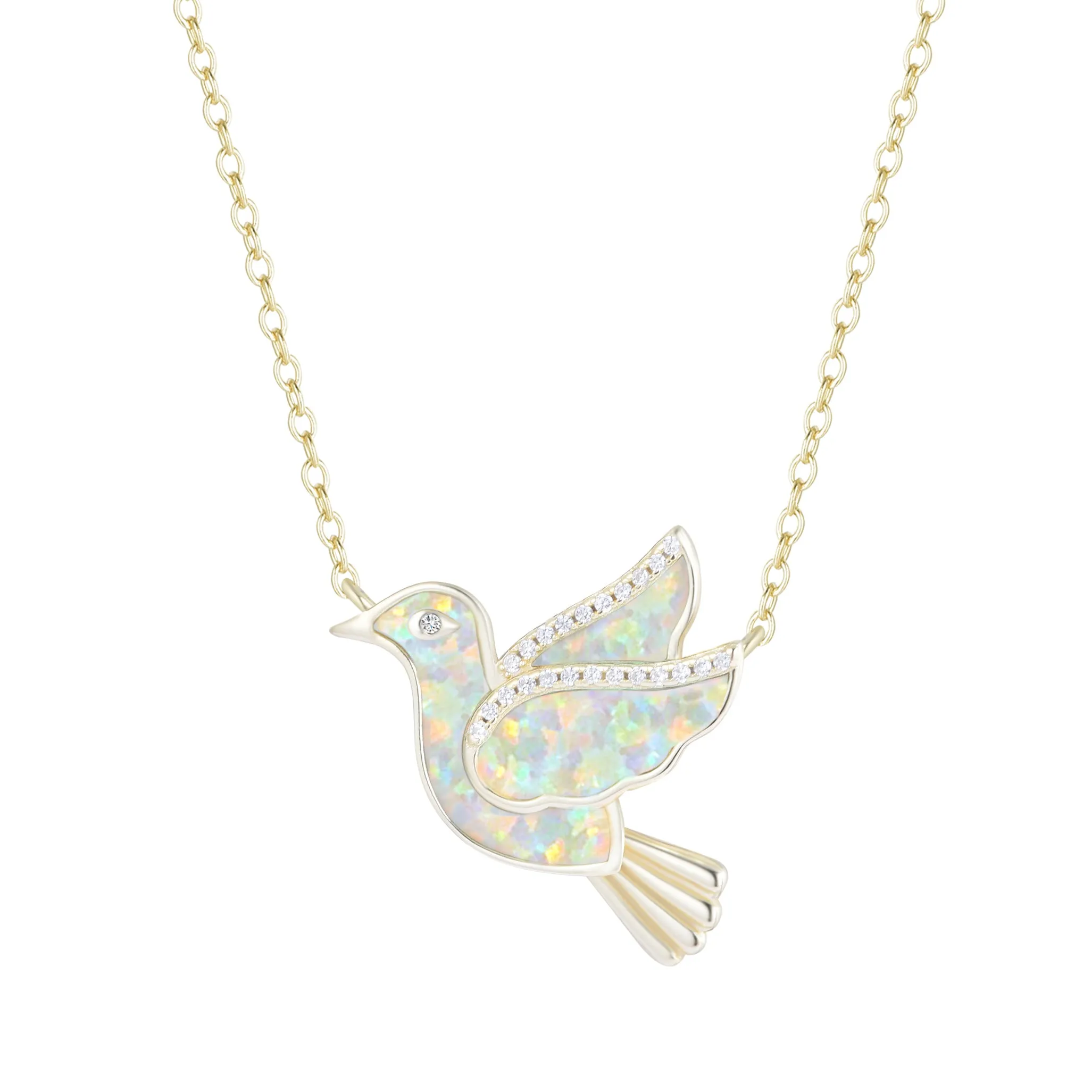 Kamaria - Sterling Silver - 14K Gold Plated - White Opal Crystal Adjust. 18" Dove Necklace