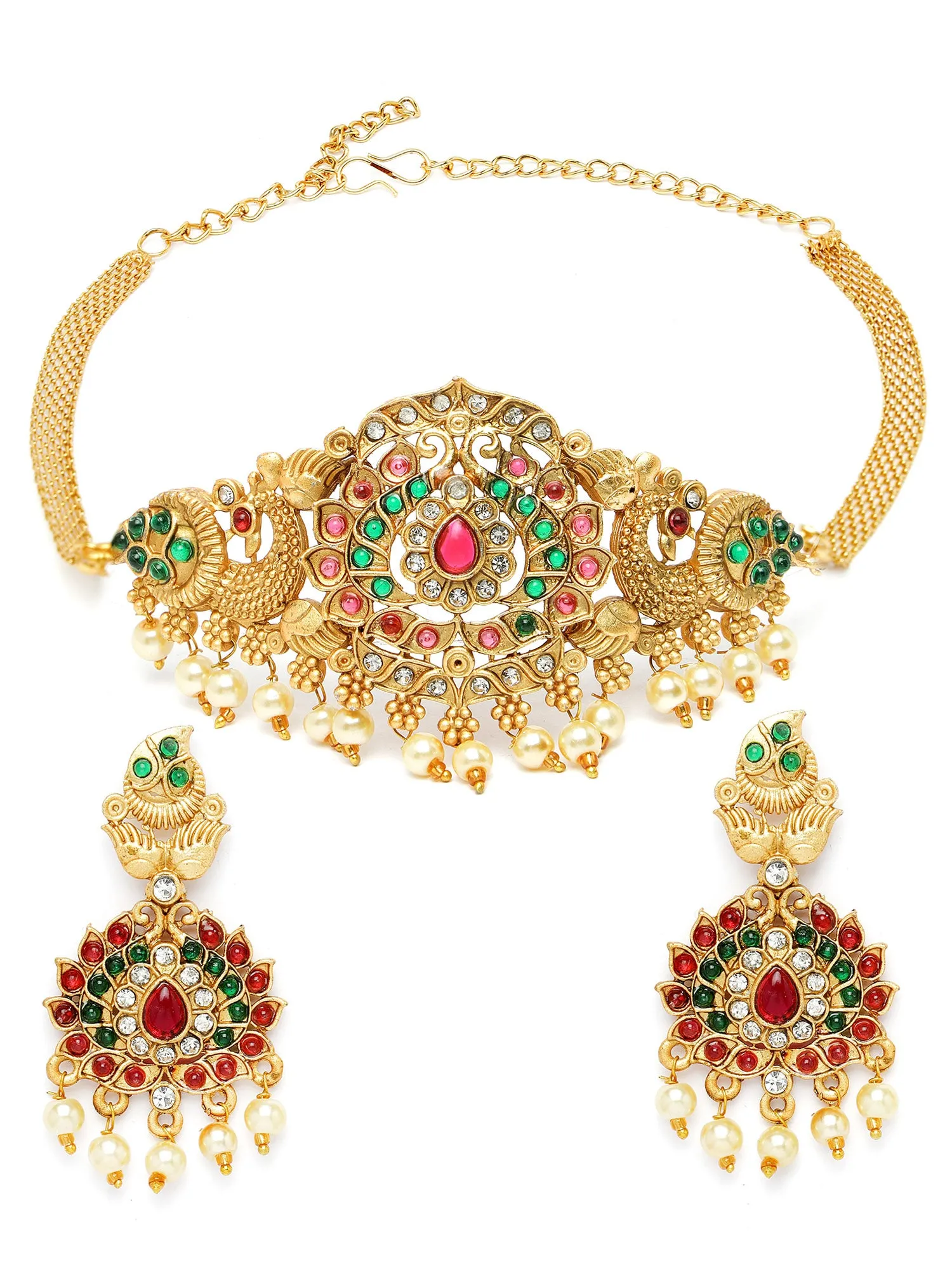 Karatcart Gold Plated Floral Design Choker Temple Jewellery Set for Women