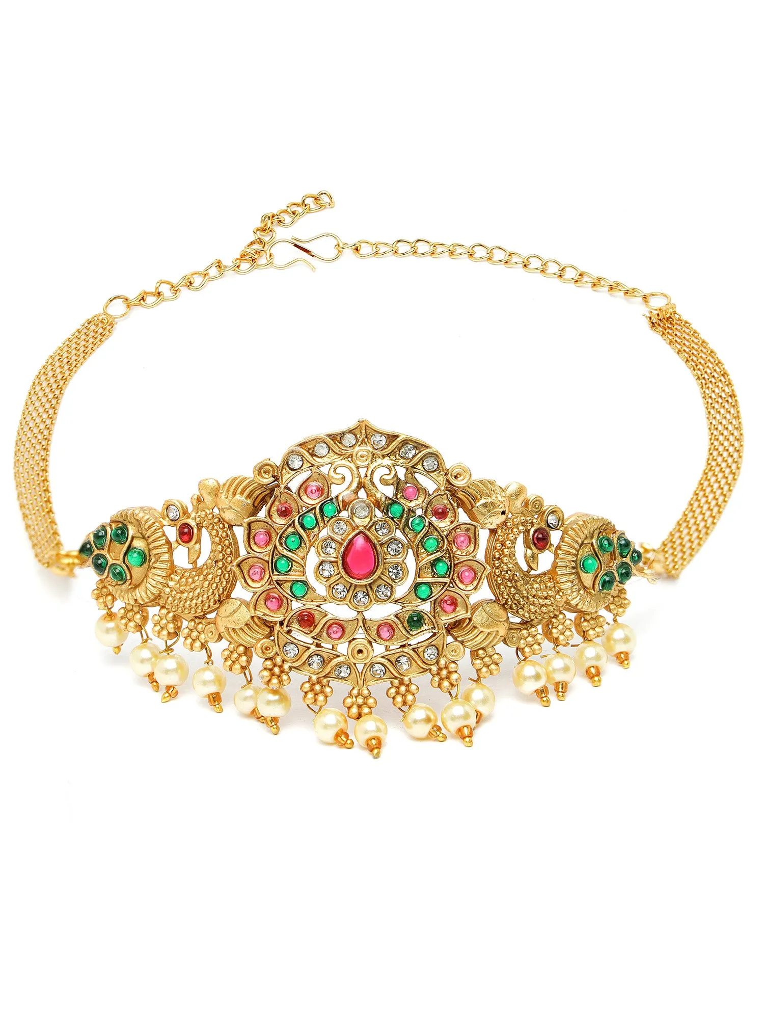 Karatcart Gold Plated Floral Design Choker Temple Jewellery Set for Women