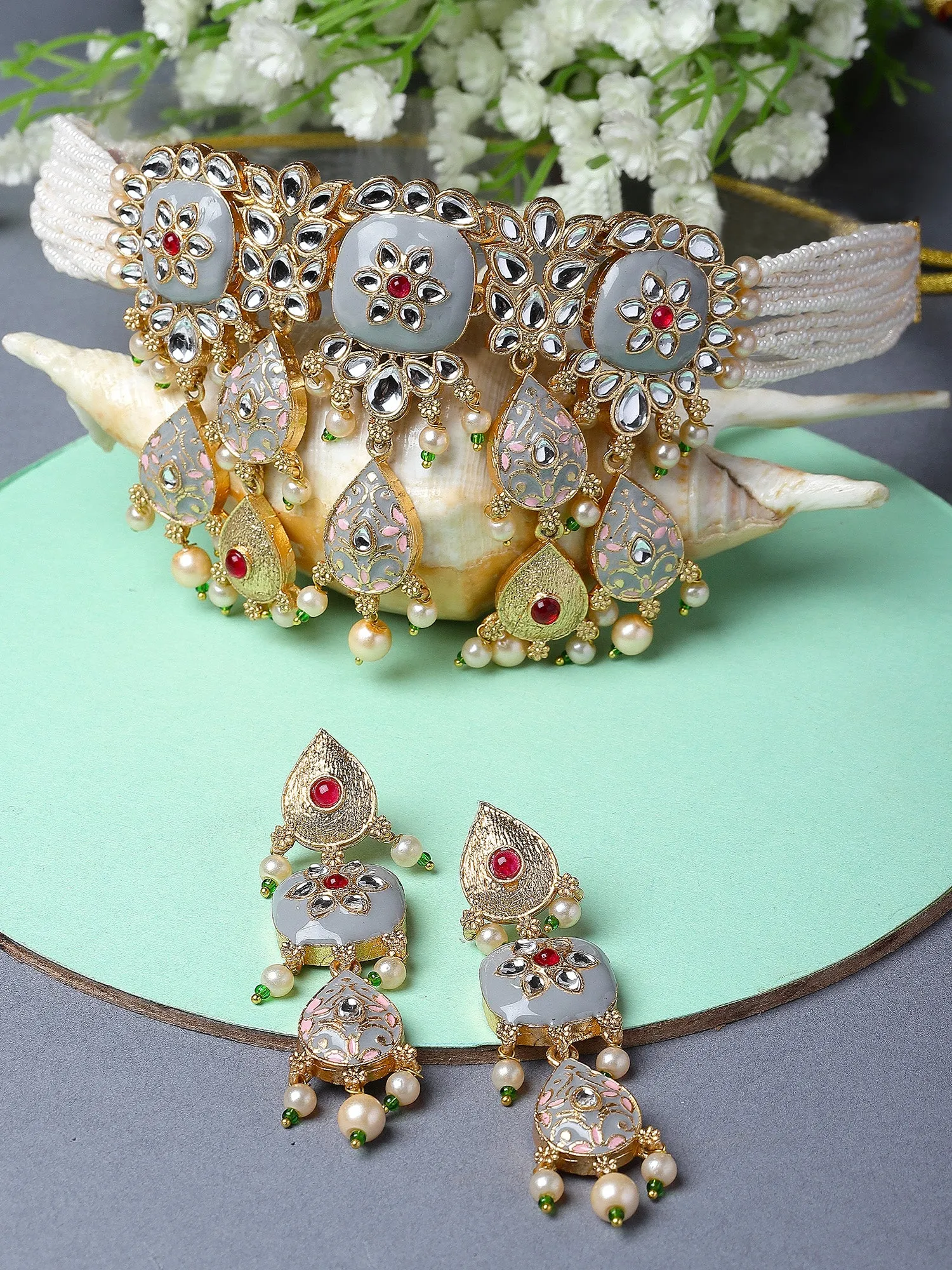 KARATCART Gold Plated Kundan Choker Grey Jewellery Set for Women
