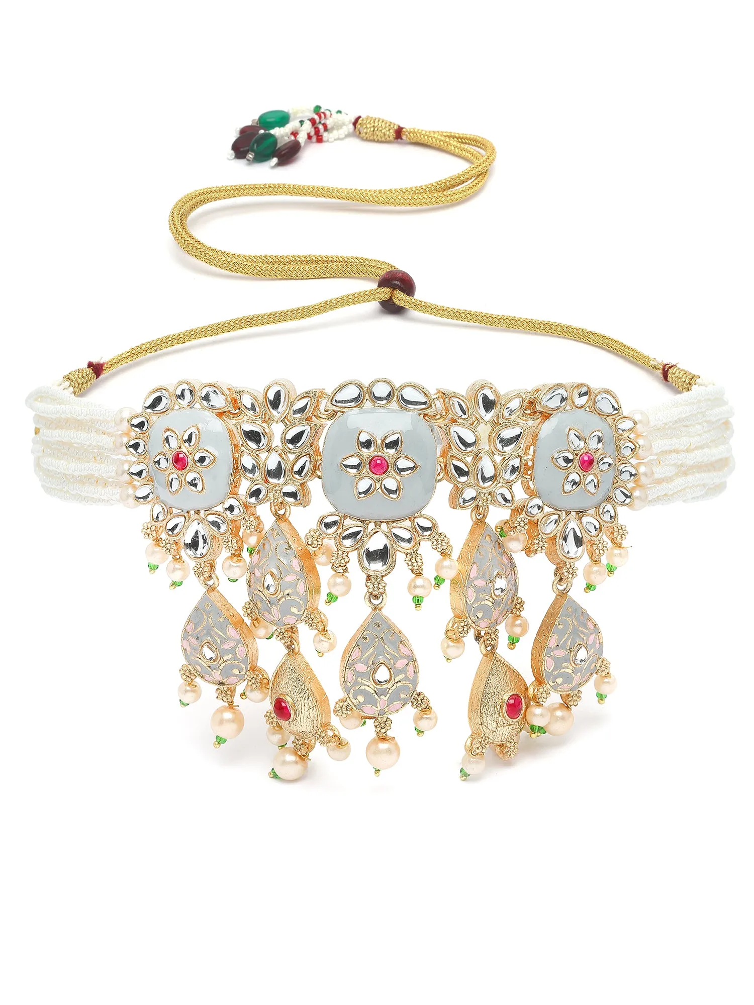 KARATCART Gold Plated Kundan Choker Grey Jewellery Set for Women