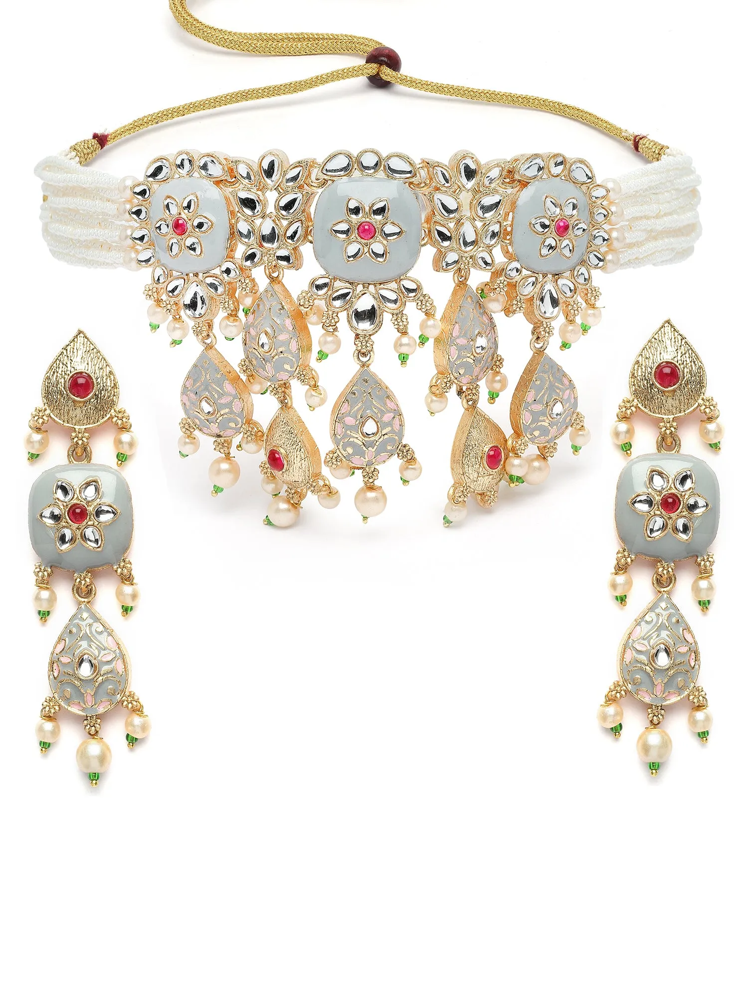 KARATCART Gold Plated Kundan Choker Grey Jewellery Set for Women