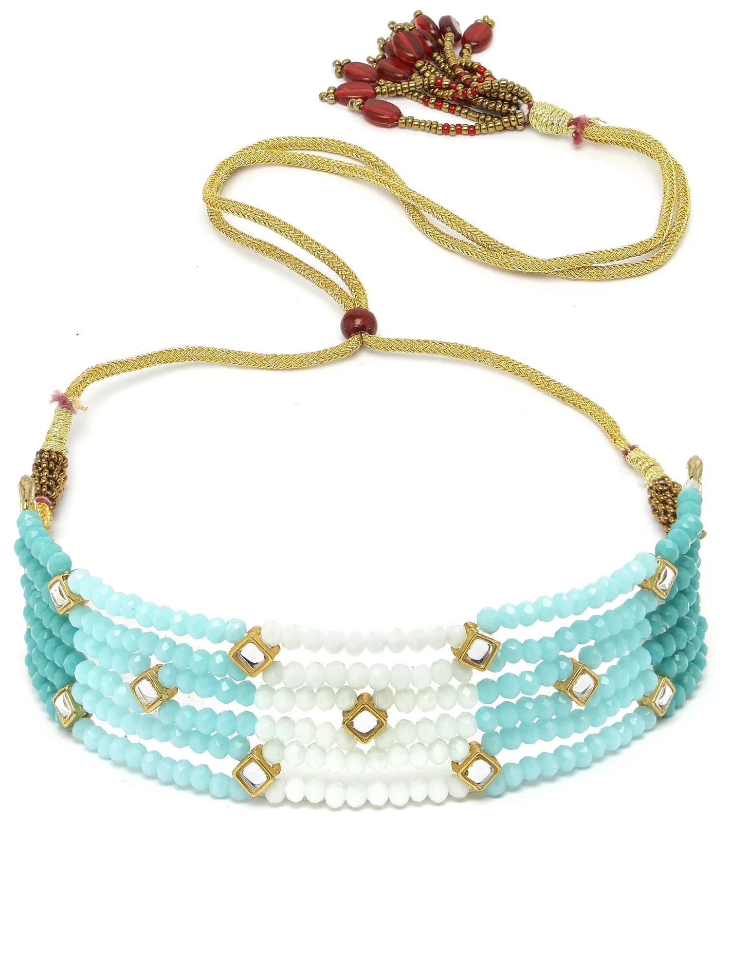 KARATCART Gold Plated Kundan Choker White and Light Blue Jewellery Set for Women
