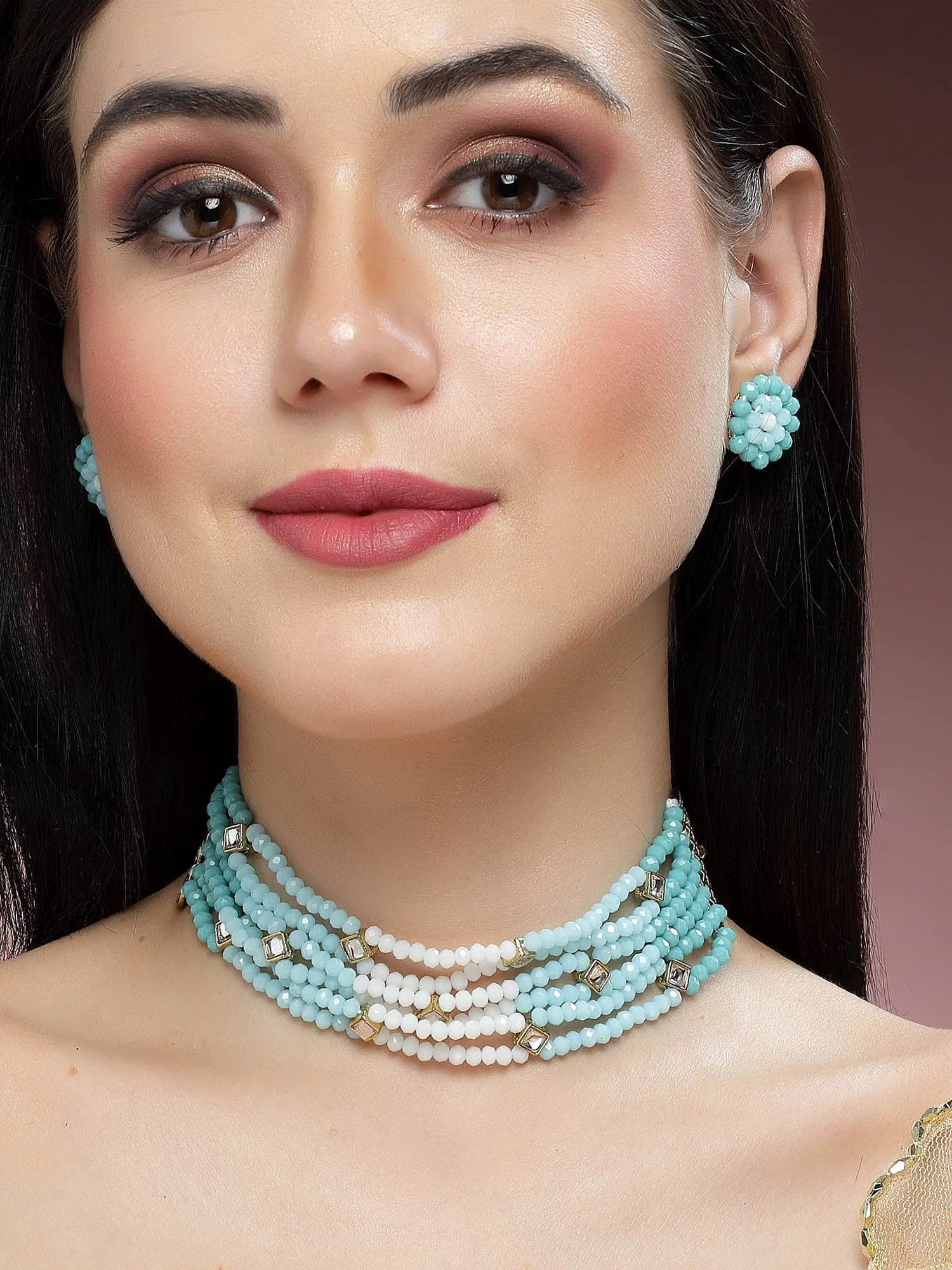 KARATCART Gold Plated Kundan Choker White and Light Blue Jewellery Set for Women