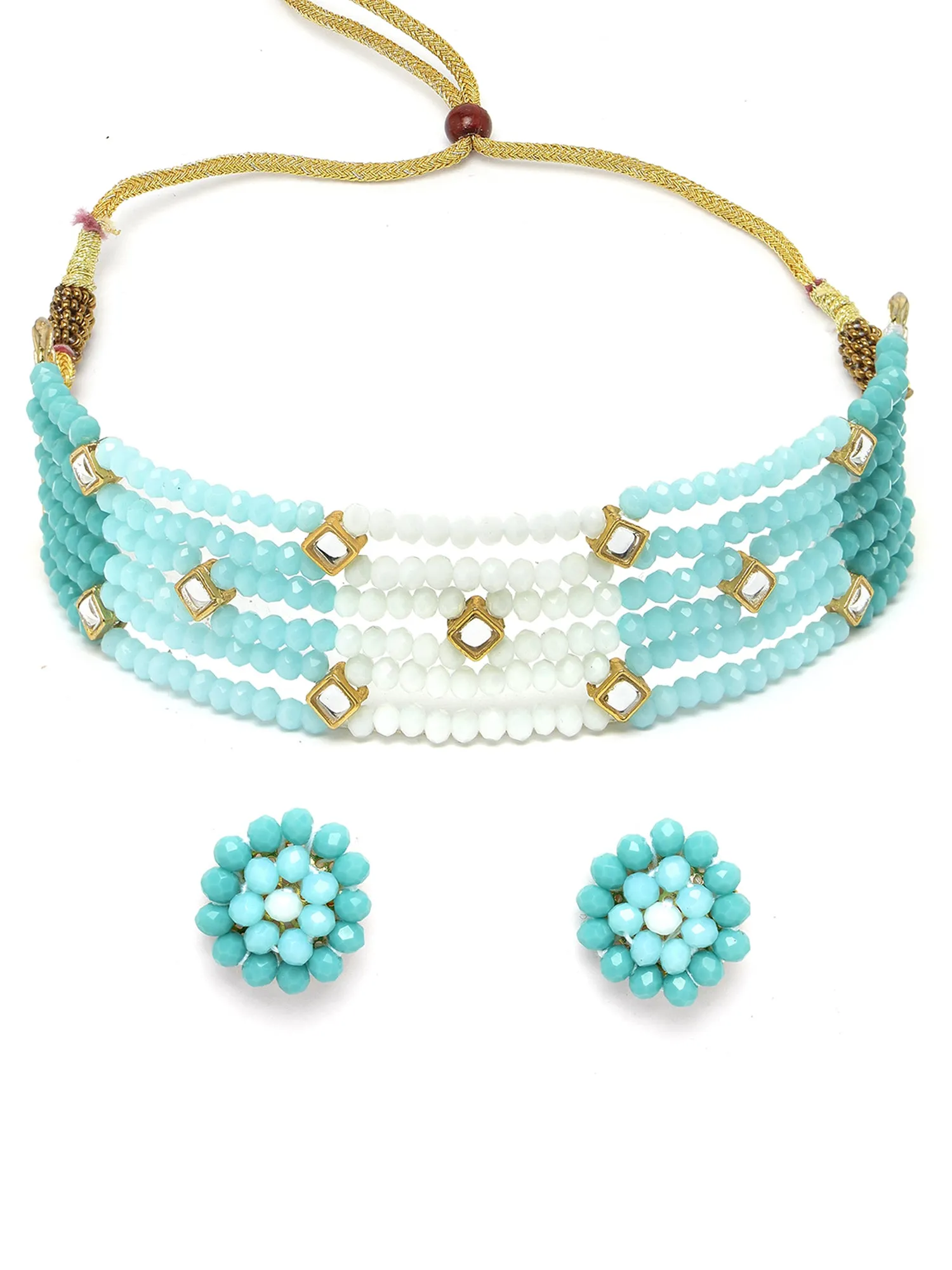 KARATCART Gold Plated Kundan Choker White and Light Blue Jewellery Set for Women