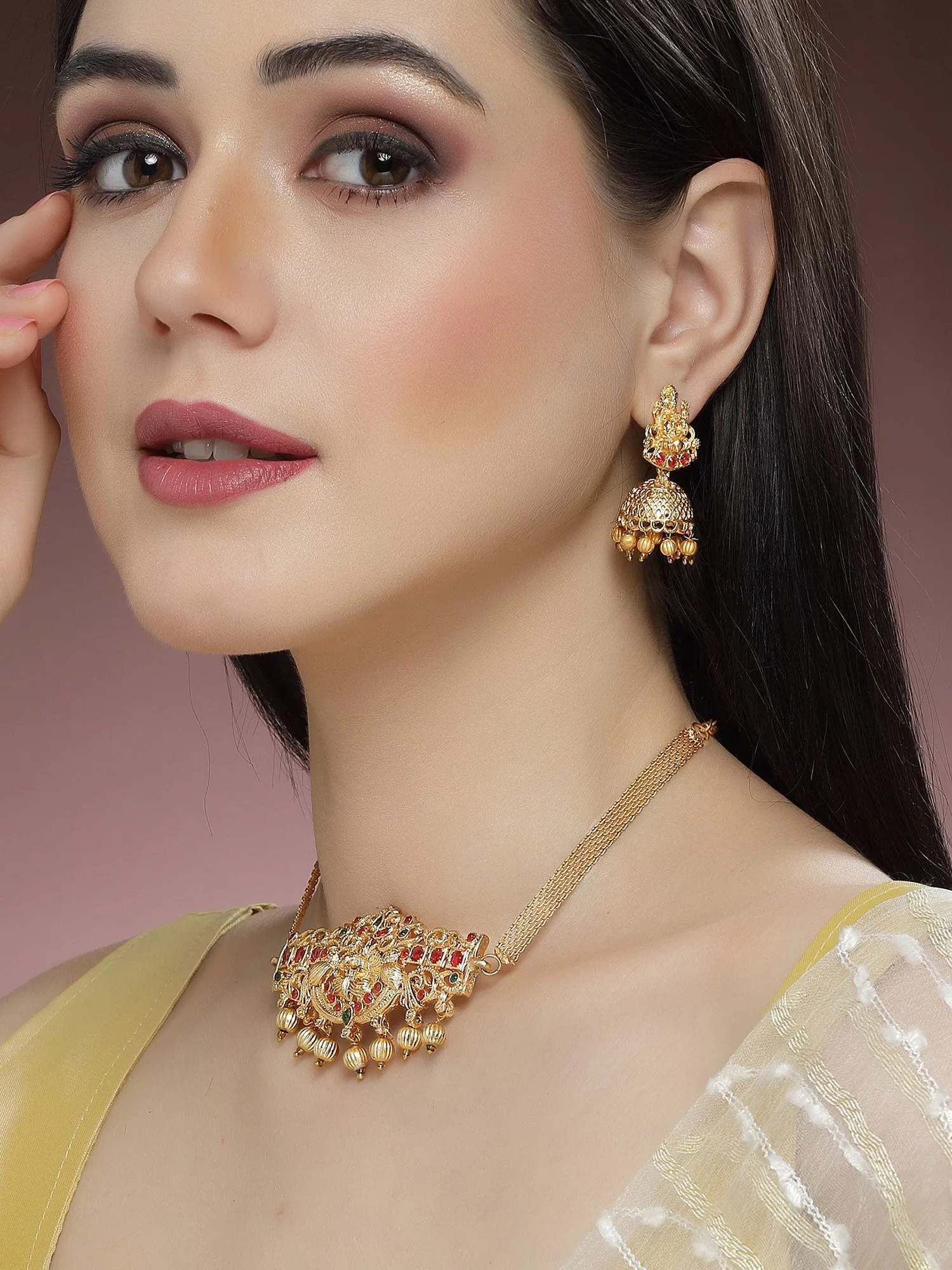 Karatcart Gold Plated Laxmi Mata Design Choker Temple Jewellery Set for Women