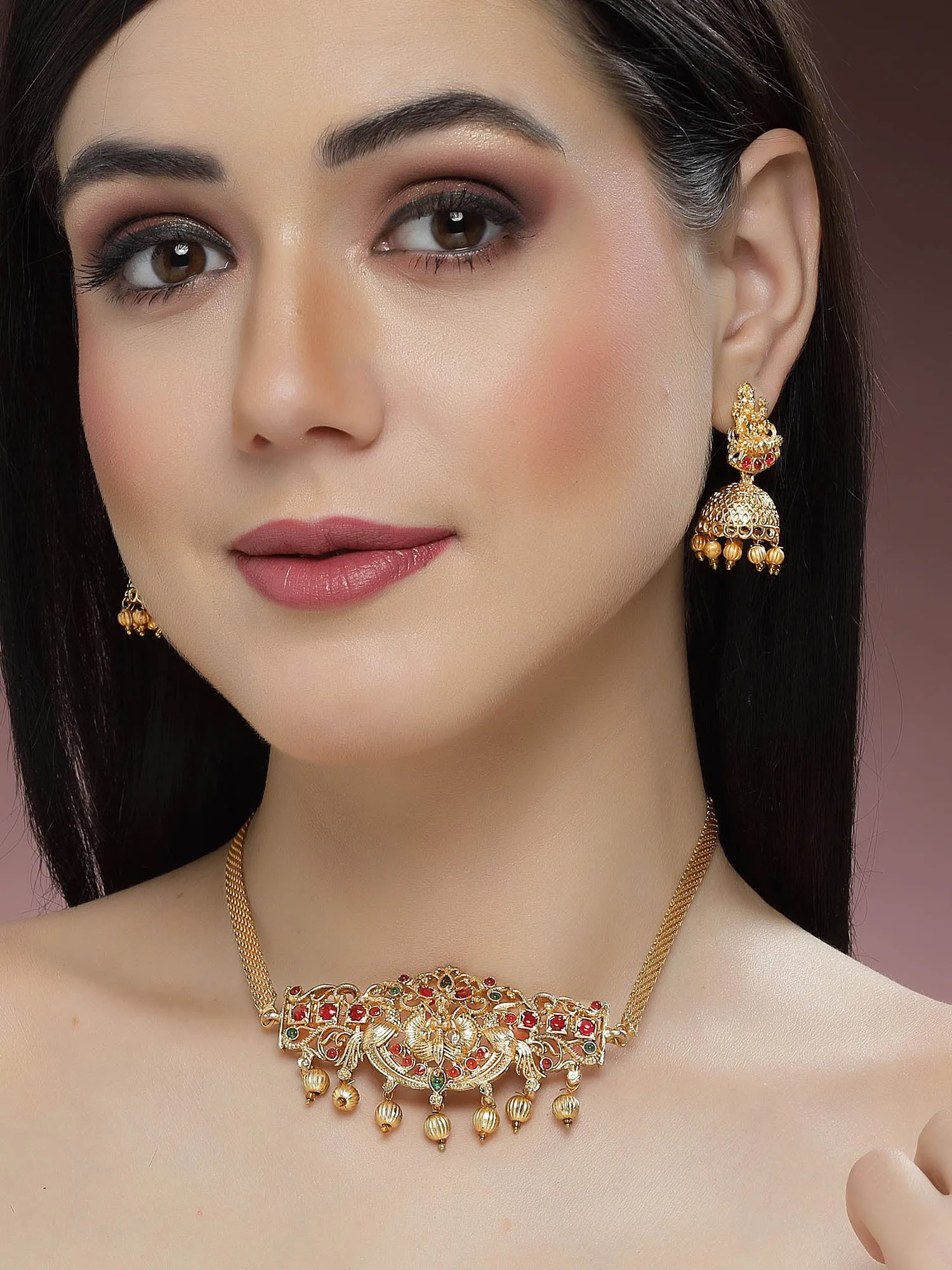 Karatcart Gold Plated Laxmi Mata Design Choker Temple Jewellery Set for Women