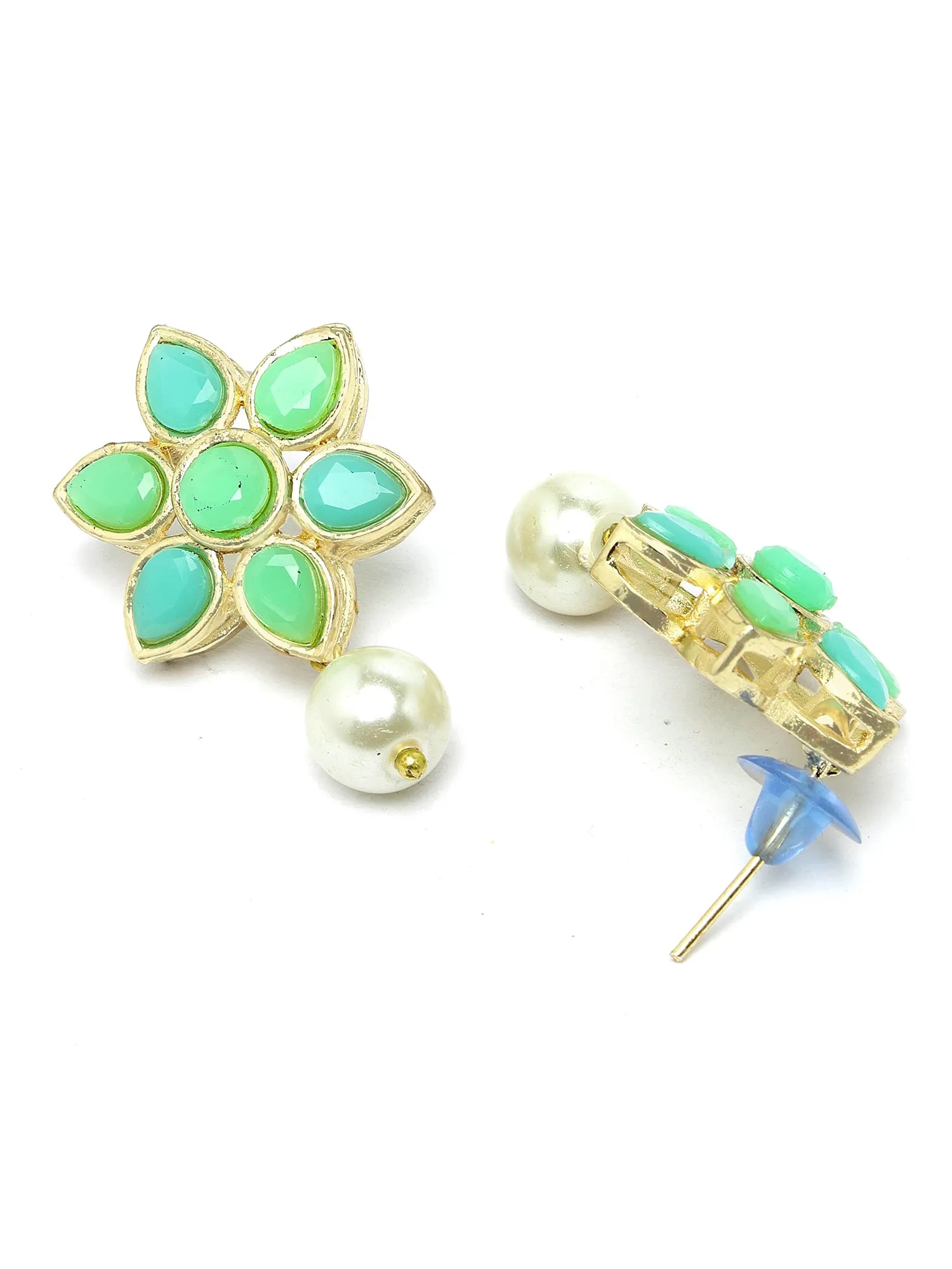 Karatcart Gold Plated Pearl Beaded Light Blue and Light Green Kundan Stone Choker Necklace Set