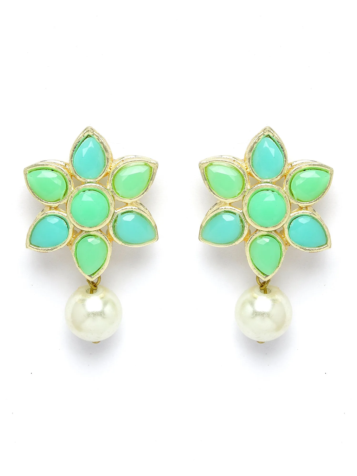 Karatcart Gold Plated Pearl Beaded Light Blue and Light Green Kundan Stone Choker Necklace Set
