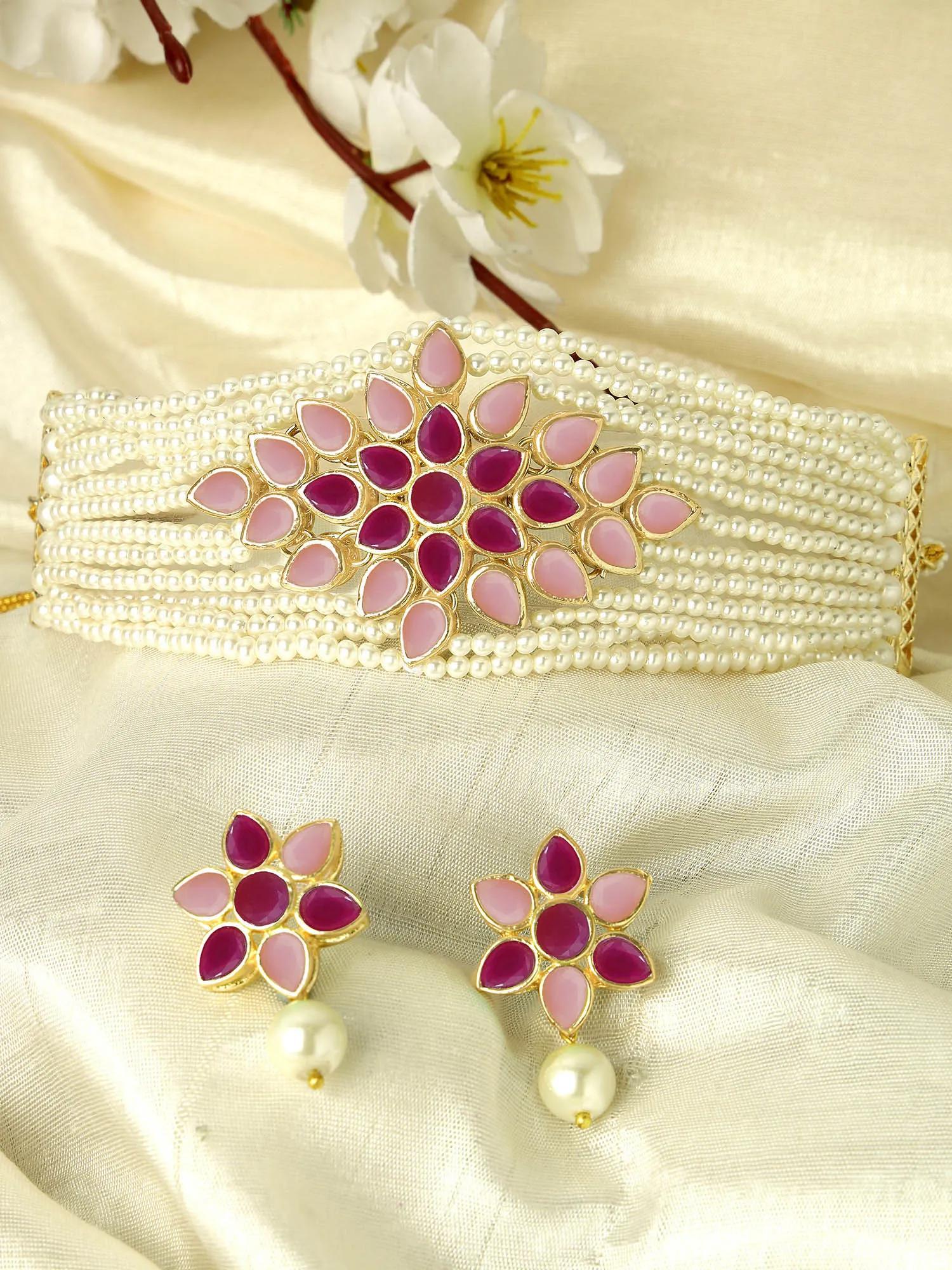 Karatcart Gold Plated Pearl Beaded Royal Pink and Baby Pink Kundan Stone Choker Necklace Set