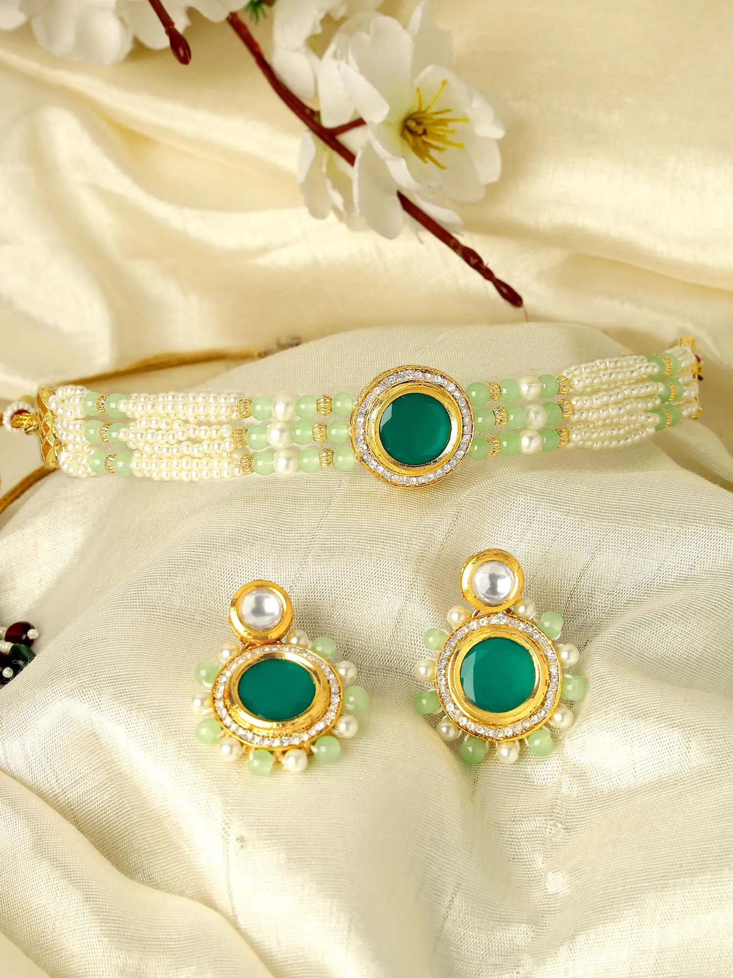 KARATCART Gold Plated Polki Choker Green Jewellery Set for Women