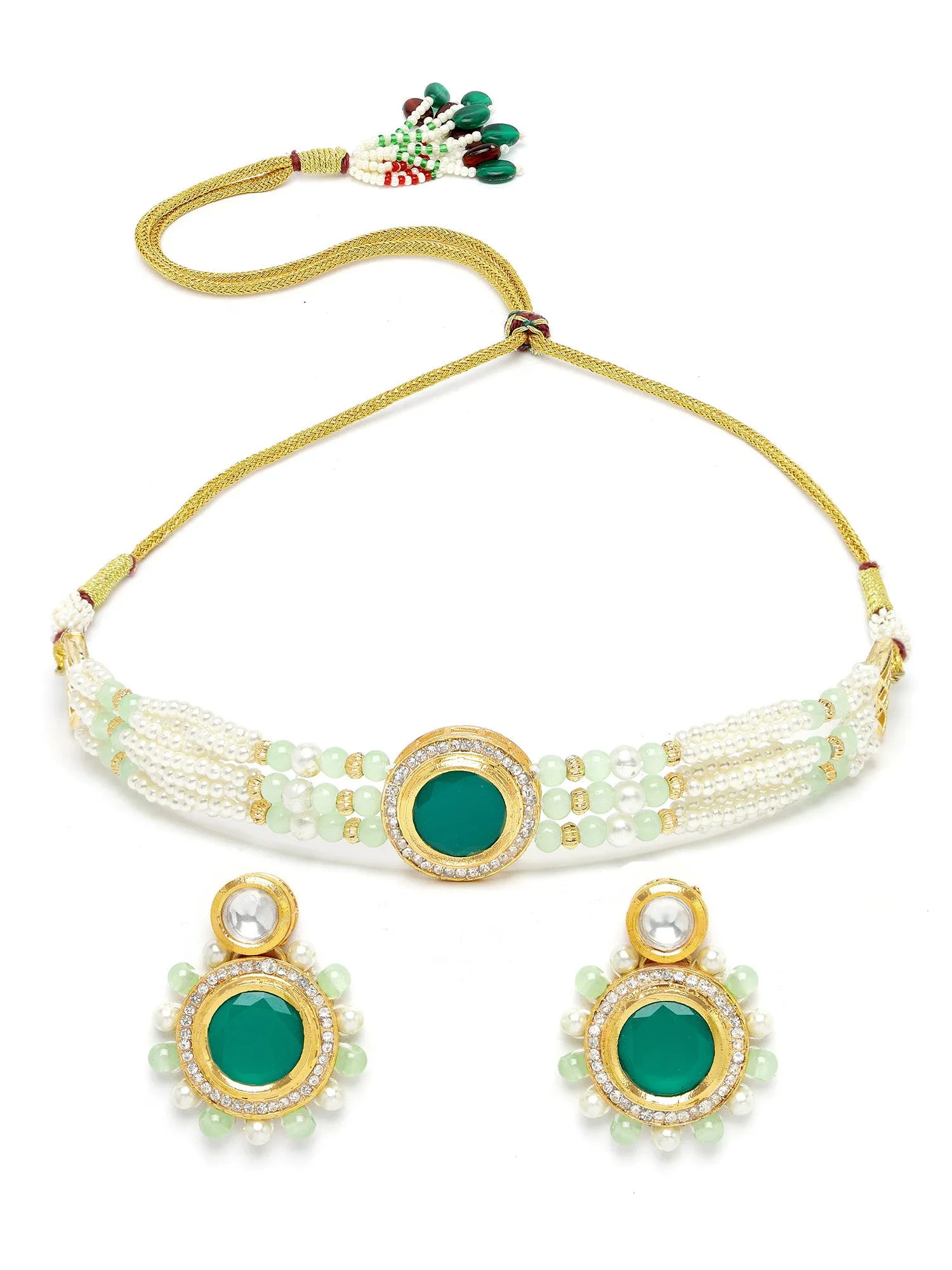 KARATCART Gold Plated Polki Choker Green Jewellery Set for Women