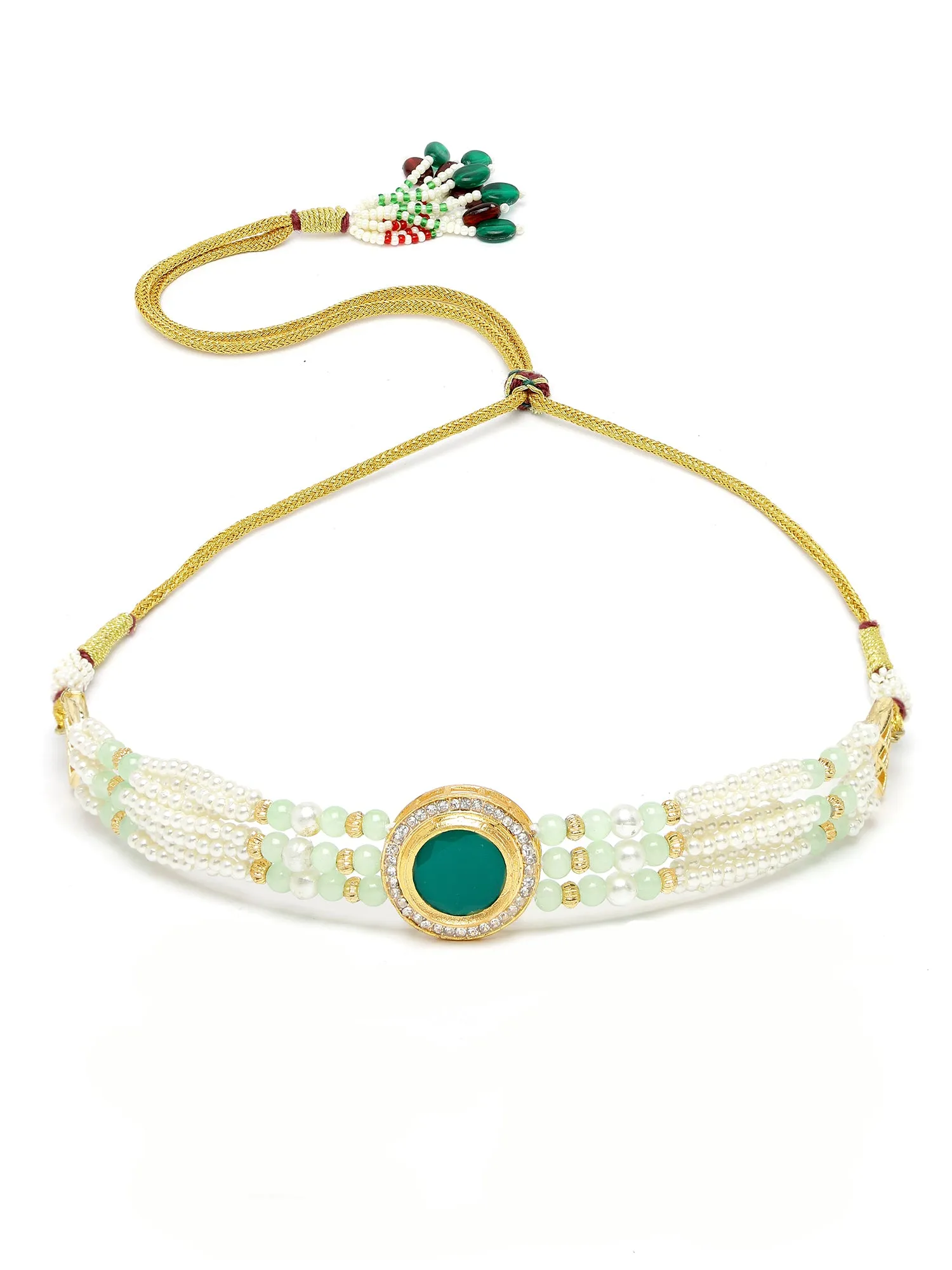KARATCART Gold Plated Polki Choker Green Jewellery Set for Women
