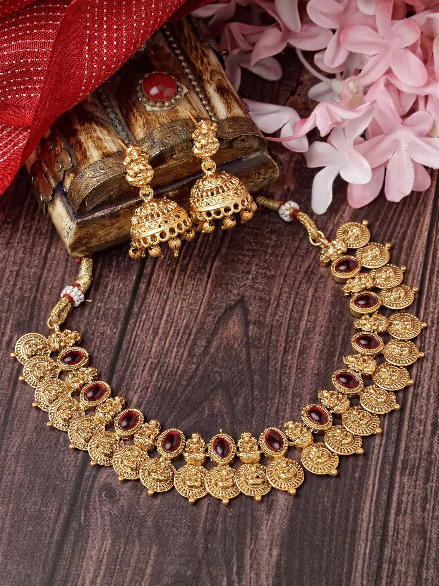 Karatcart Gold Plated Red Stones Classic Laxmi Mata Temple Jewellery Set for Women