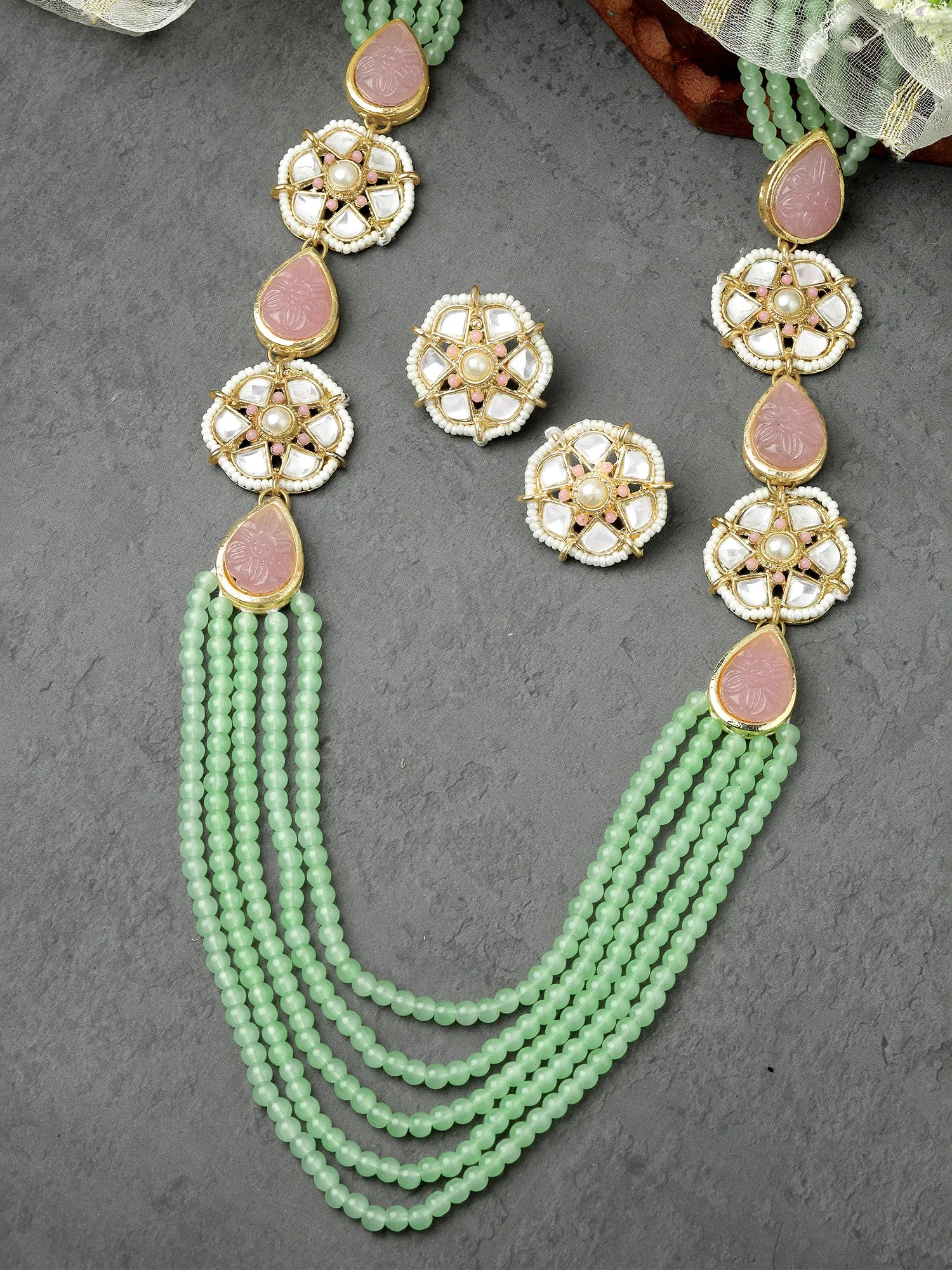 Karatcart Light Green Beaded Pink Carved Stone Kundan Rani Haar Necklace Set for Women