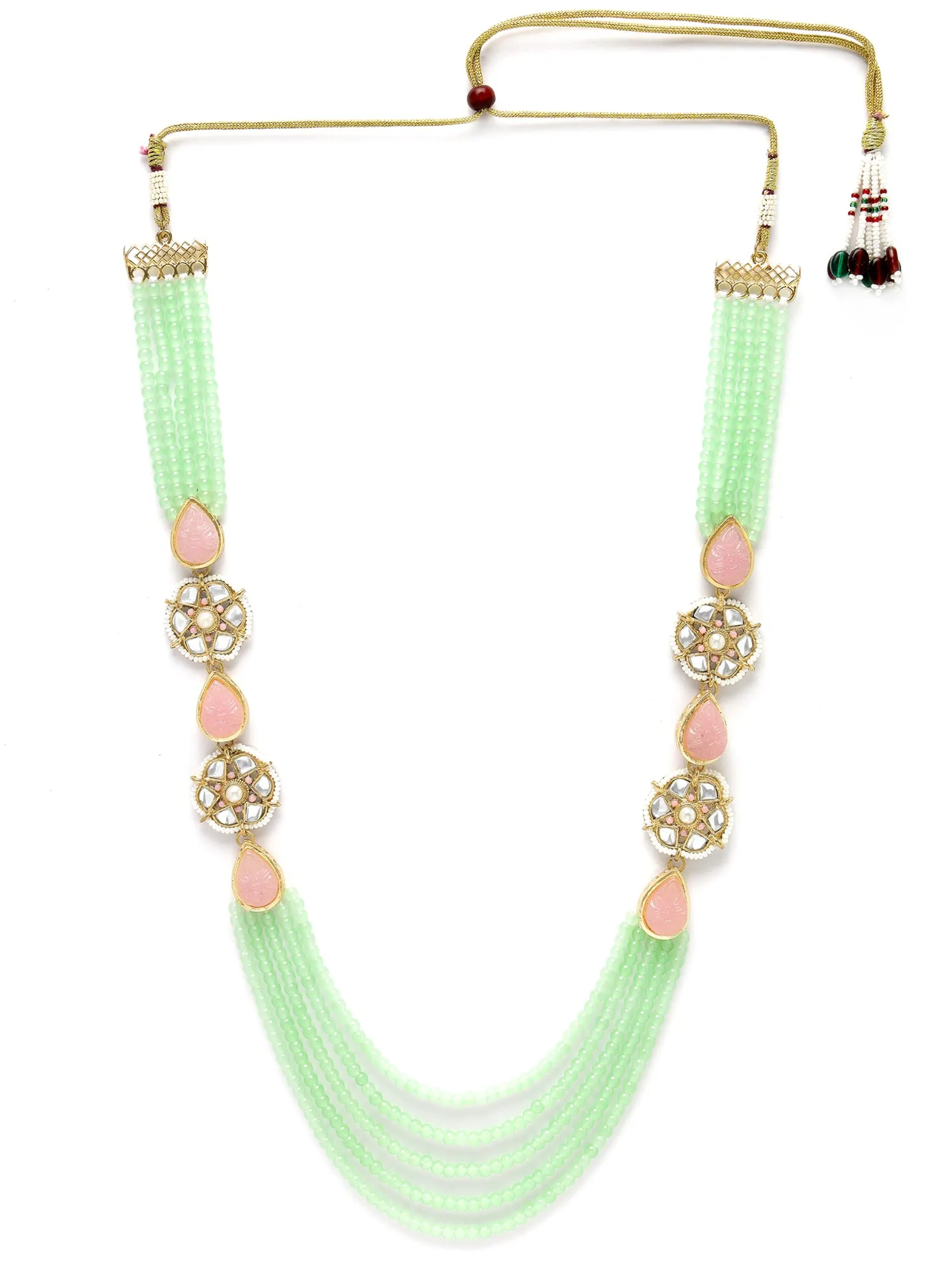 Karatcart Light Green Beaded Pink Carved Stone Kundan Rani Haar Necklace Set for Women