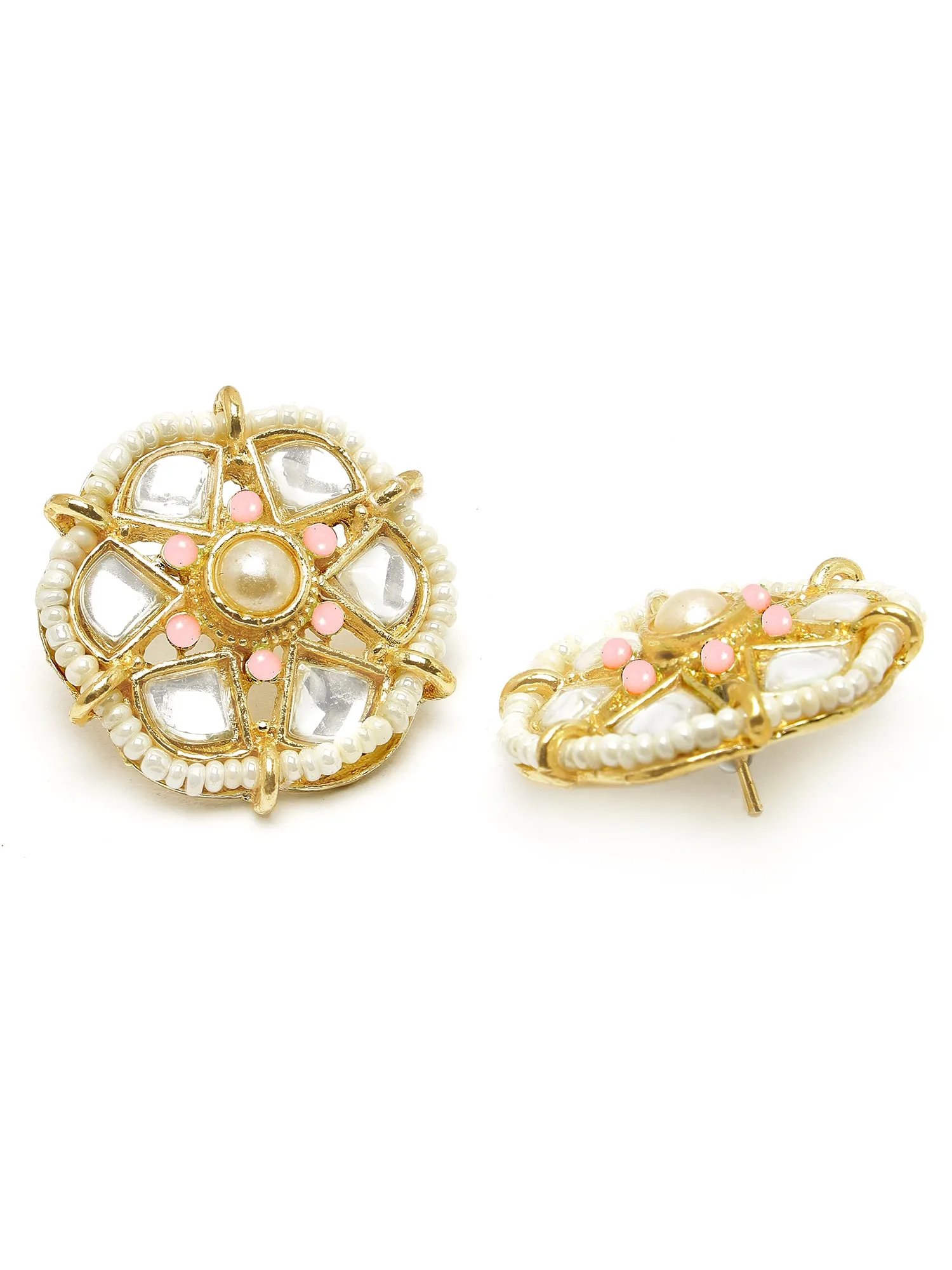 Karatcart Light Green Beaded Pink Carved Stone Kundan Rani Haar Necklace Set for Women