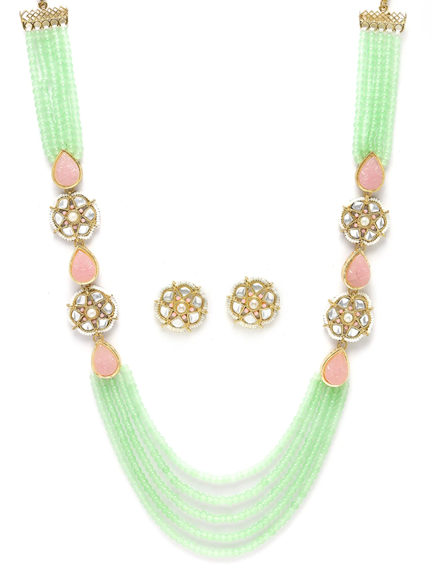 Karatcart Light Green Beaded Pink Carved Stone Kundan Rani Haar Necklace Set for Women