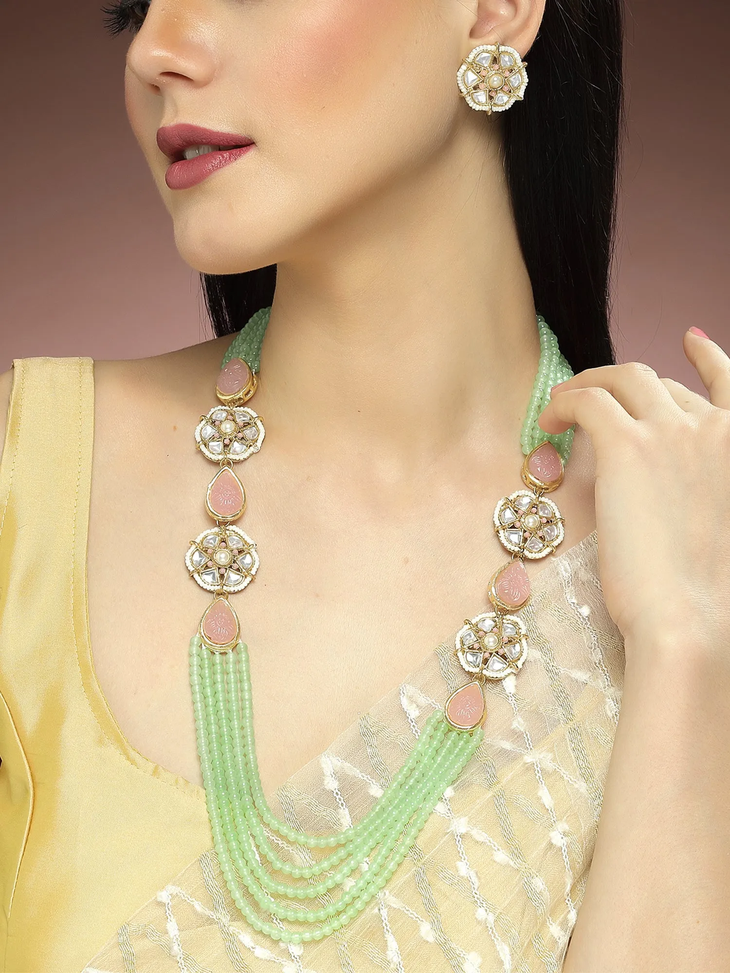 Karatcart Light Green Beaded Pink Carved Stone Kundan Rani Haar Necklace Set for Women