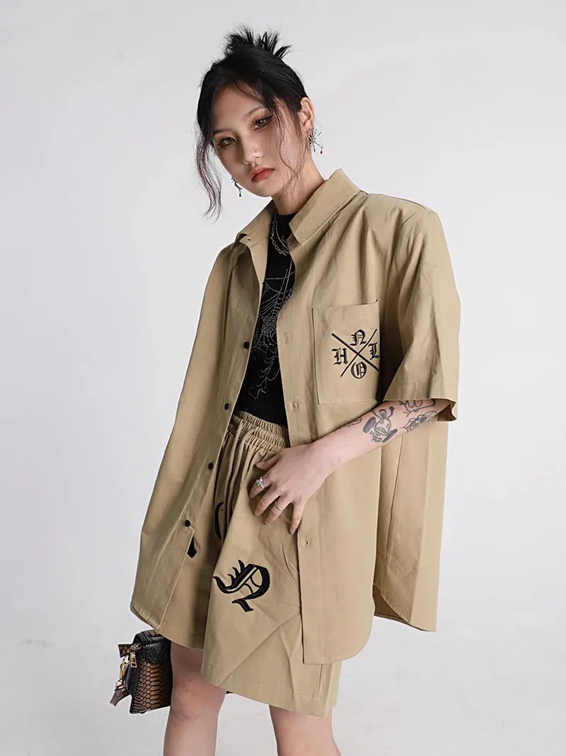 Khaki Streetwear Fashion Summer Workwear Shirt Shorts Set Men And Women Clothing Loose American Letter Embroidered Two Piece Set