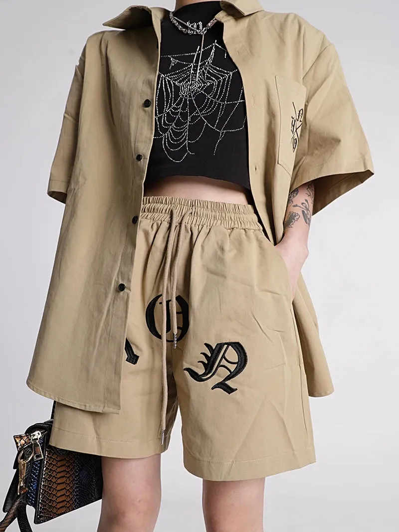 Khaki Streetwear Fashion Summer Workwear Shirt Shorts Set Men And Women Clothing Loose American Letter Embroidered Two Piece Set