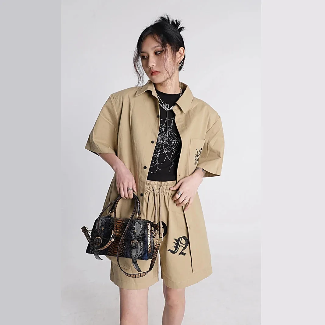 Khaki Streetwear Fashion Summer Workwear Shirt Shorts Set Men And Women Clothing Loose American Letter Embroidered Two Piece Set