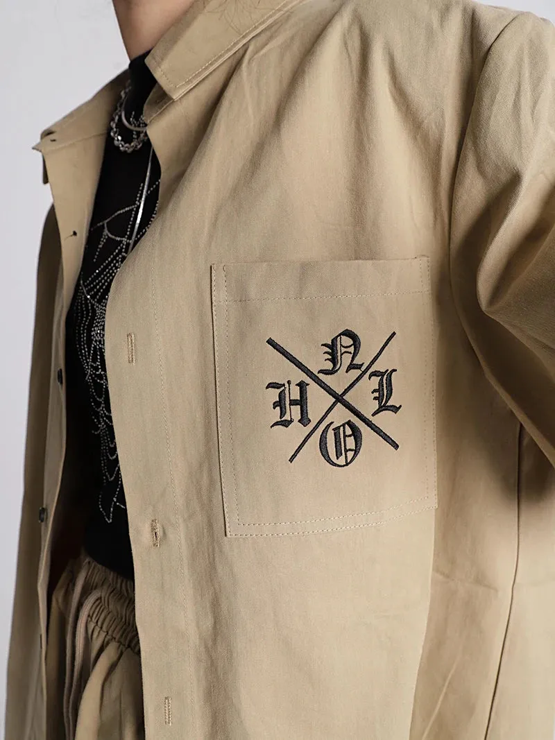 Khaki Streetwear Fashion Summer Workwear Shirt Shorts Set Men And Women Clothing Loose American Letter Embroidered Two Piece Set