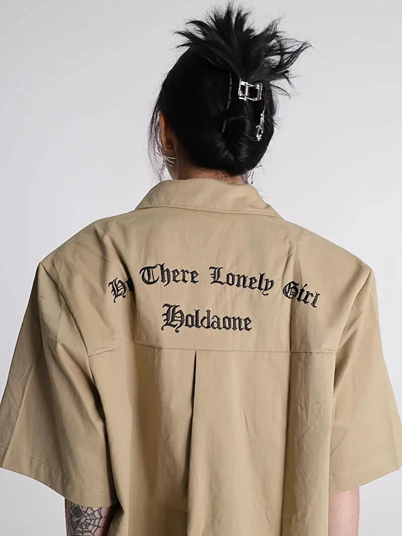 Khaki Streetwear Fashion Summer Workwear Shirt Shorts Set Men And Women Clothing Loose American Letter Embroidered Two Piece Set