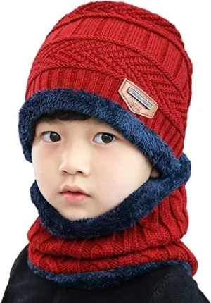 Kids Winter Beanie Hats Scarf Thick Warm Slouchy Beanies Hat Knit Skull Cap Neck Warmer for Boy & Girls | Wool Beanie Cap With Neck Muffler