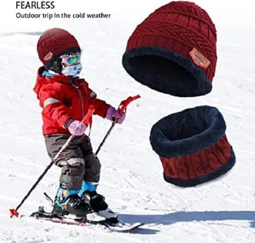Kids Winter Beanie Hats Scarf Thick Warm Slouchy Beanies Hat Knit Skull Cap Neck Warmer for Boy & Girls | Wool Beanie Cap With Neck Muffler