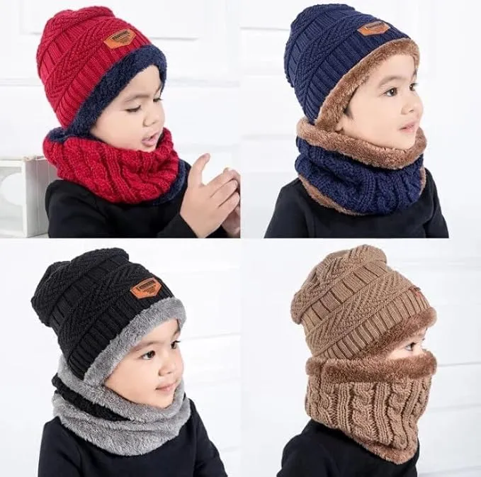 Kids Winter Beanie Hats Scarf Thick Warm Slouchy Beanies Hat Knit Skull Cap Neck Warmer for Boy & Girls | Wool Beanie Cap With Neck Muffler