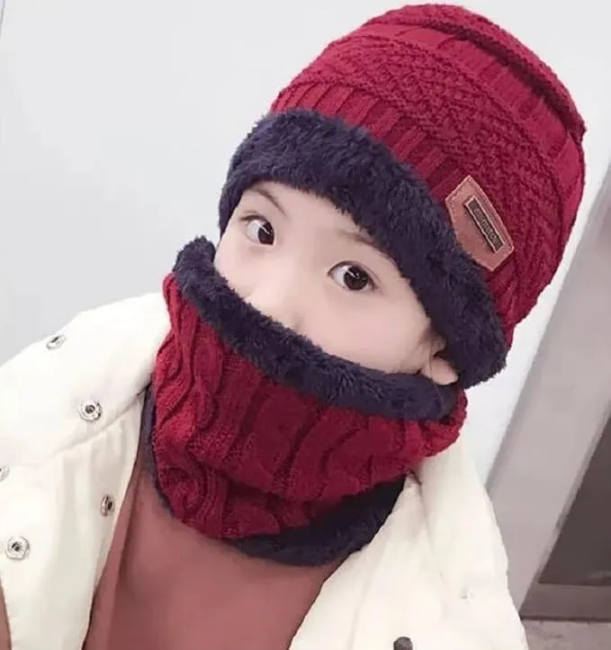 Kids Winter Beanie Hats Scarf Thick Warm Slouchy Beanies Hat Knit Skull Cap Neck Warmer for Boy & Girls | Wool Beanie Cap With Neck Muffler