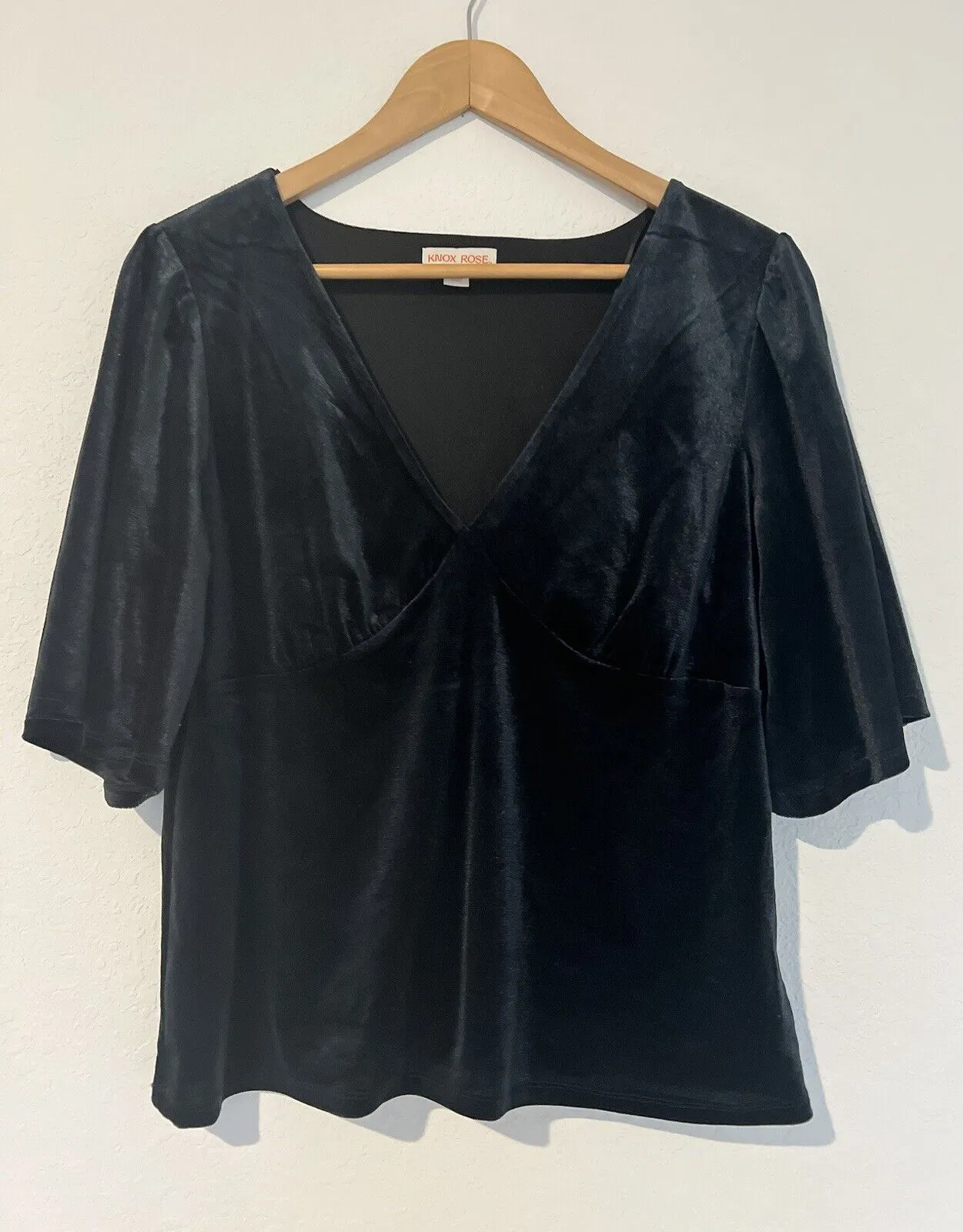 KNOX ROSE Black Velvet Velour Top Sz L Elbow Sleeve Blouse Elegant Party Formal