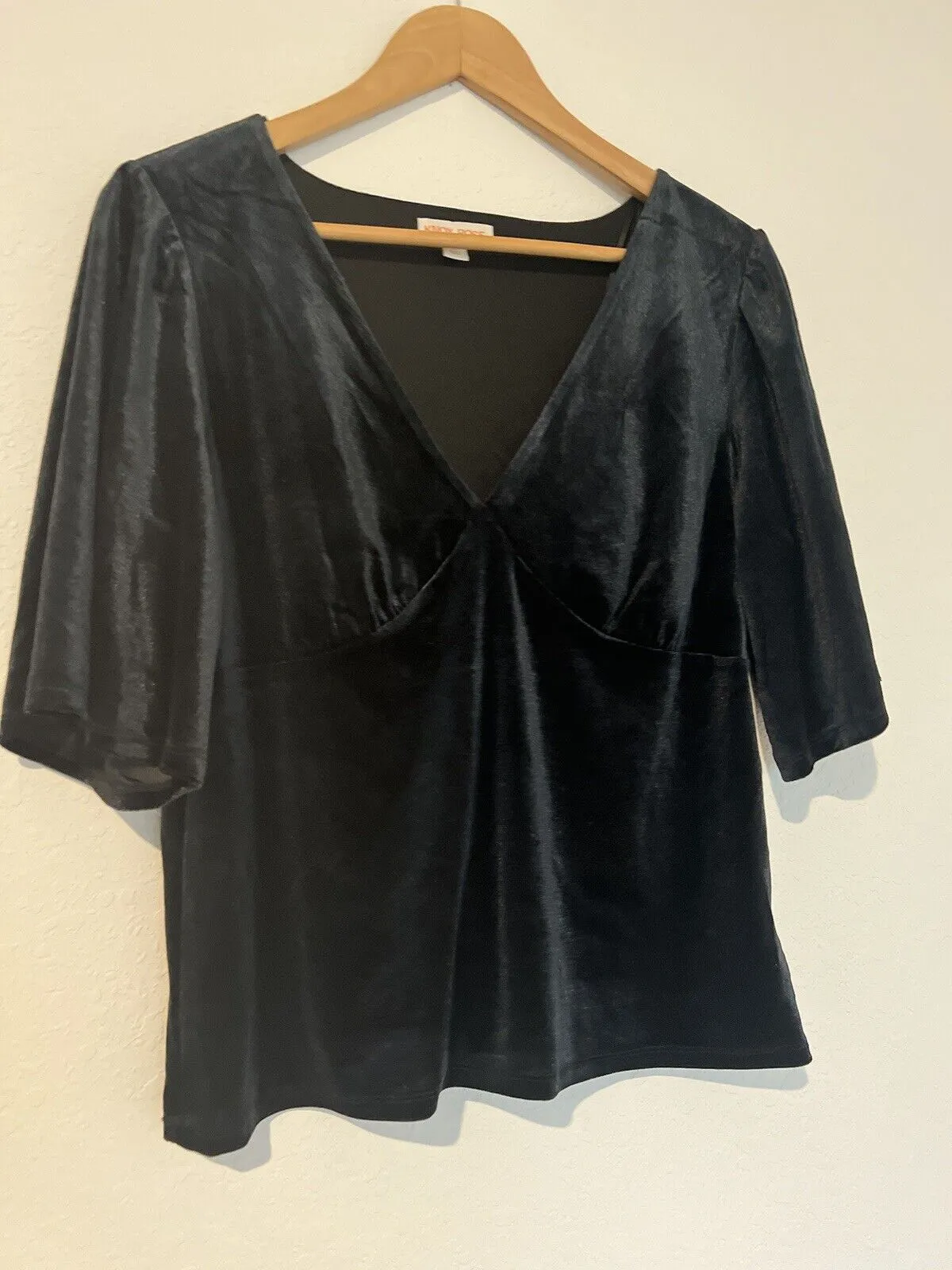 KNOX ROSE Black Velvet Velour Top Sz L Elbow Sleeve Blouse Elegant Party Formal