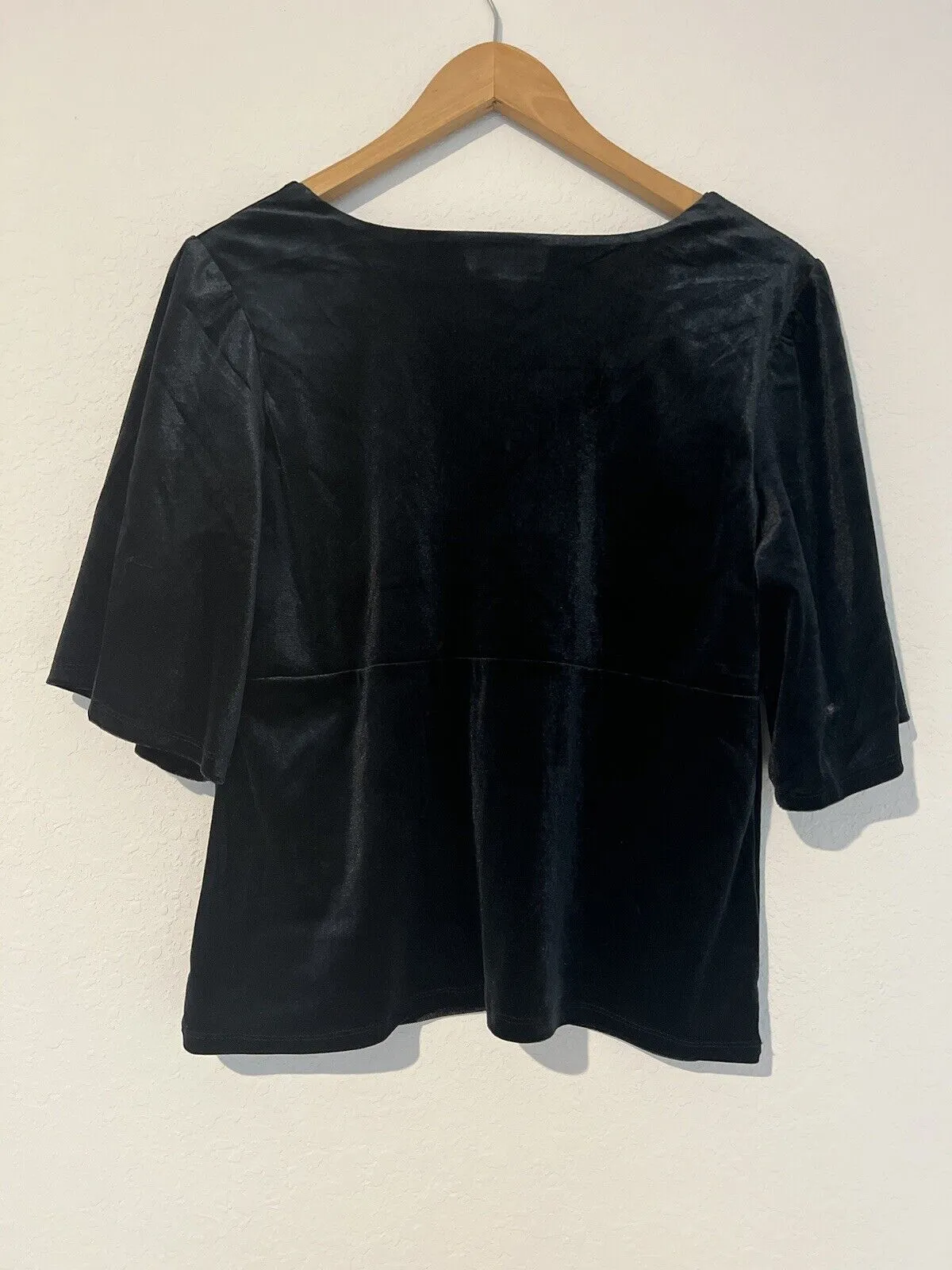 KNOX ROSE Black Velvet Velour Top Sz L Elbow Sleeve Blouse Elegant Party Formal