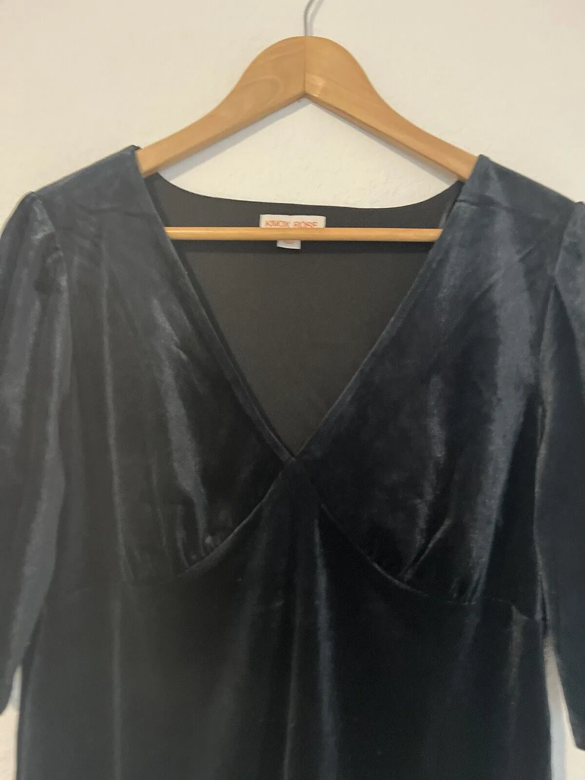 KNOX ROSE Black Velvet Velour Top Sz L Elbow Sleeve Blouse Elegant Party Formal