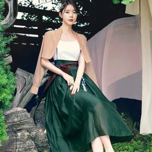 Korean Modern Hanbok Green Dress Beige Jacket Fancy Casual Daily Clothing Fusion Hanbok Summer party CHD313