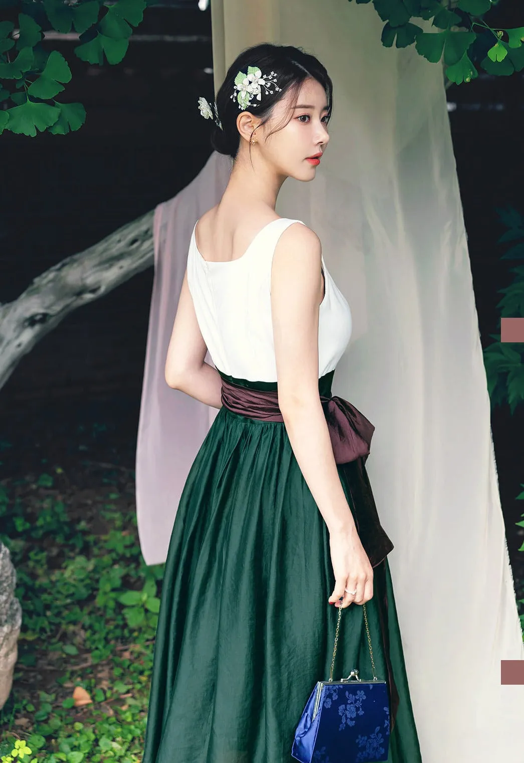 Korean Modern Hanbok Green Dress Beige Jacket Fancy Casual Daily Clothing Fusion Hanbok Summer party CHD313