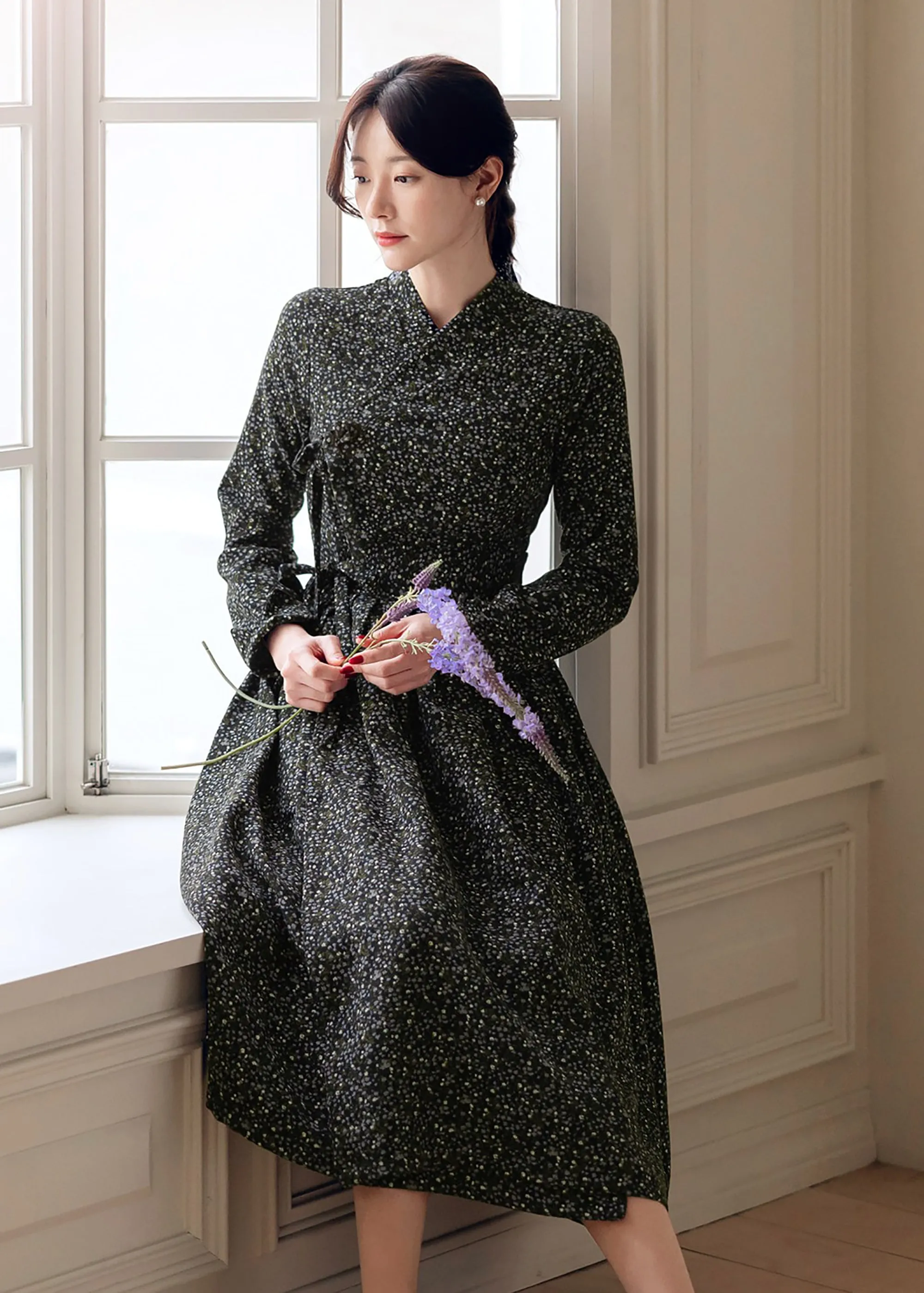 Korean Modern Hanbok Woman Junior Black Flower Dress Fall Winter Fancy Casual Daily Clothing Fusion CHD404
