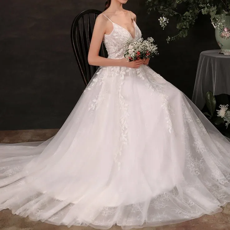 Lace Sling Deep V Neck Thin Wedding Dress