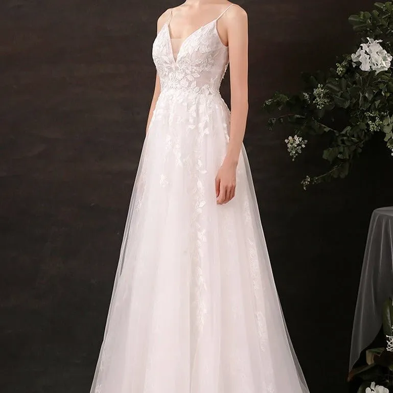 Lace Sling Deep V Neck Thin Wedding Dress